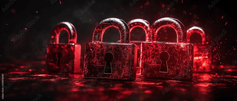 Poster modern digital security system with interconnected padlocks, representing network protection, data s
