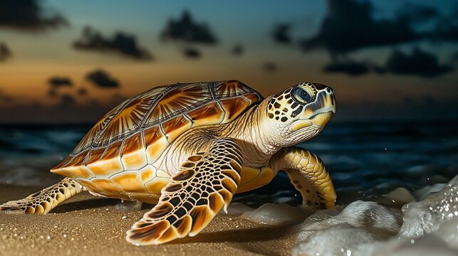 Olive Ridley Turtle making its way across the sandy shore its patterned shell glistening under the moonlight as gentle waves wash over its flippers