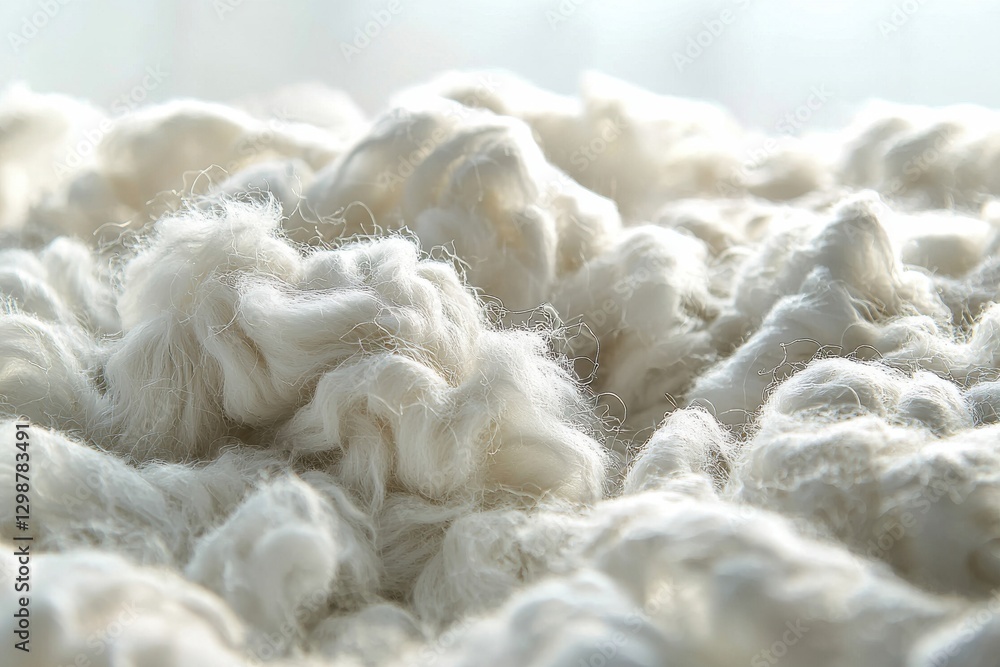 Poster a close-up view of fluffy white wool, creating a soft and inviting texture, ideal for use in textile