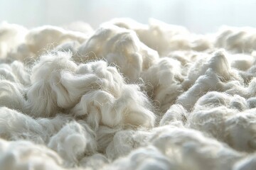 A close-up view of fluffy white wool, creating a soft and inviting texture, ideal for use in textiles, crafts, and sustainable fashion design projects.