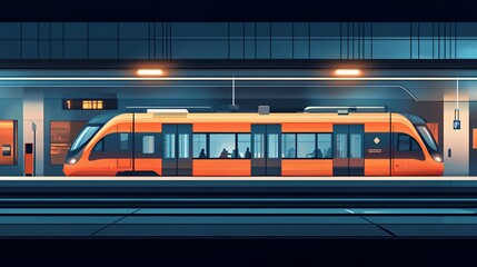 Fototapeta premium Stylish modern train at a sleek urban station during evening twilight.