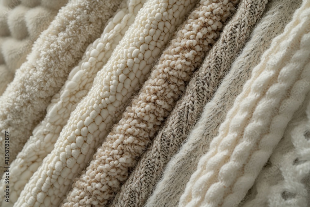 Poster a close-up of assorted knitted wool samples in neutral tones, displaying different textures and knit