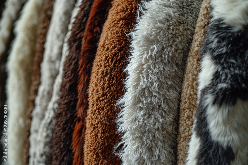 Poster a collection of faux fur textiles in earthy tones, displaying varied textures and pile heights, crea