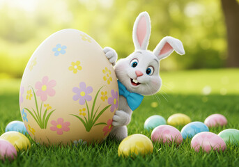 Fototapeta premium A cheerful Easter bunny peeks from behind a decorated egg in a sunny spring field.