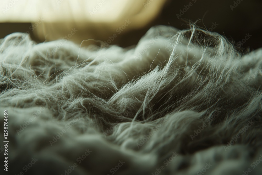 Poster close-up of textured, light-colored wool fibers creating soft, cloud-like forms, perfect for backgro