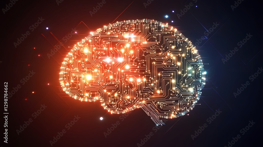 Poster an illuminated brain is formed by interconnected circuits and lights