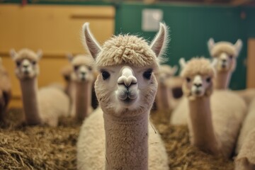Obraz premium A charming herd of fluffy alpacas gathered indoors, with one prominent alpaca in focus, creating a heartwarming and engaging scene full of character and warmth.