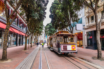 Naklejka premium A view of the bottom end of Powell Street in the early evening in San Francisco in early springtime