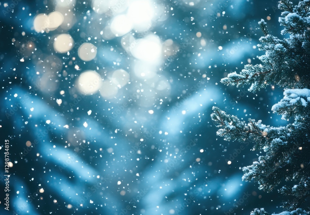 Poster snow-covered pine branches against a soft-focus snowy background with bokeh lights creating a magica