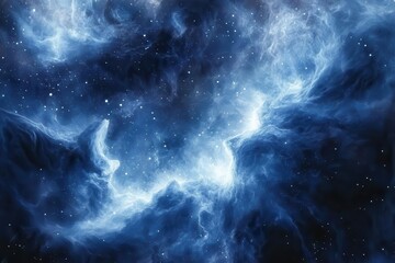 Fototapeta premium cosmic nebula watercolor abstract with deep indigo and cerulean swirls, splattered with white micro-droplets resembling distant stars, ethereal cloudlike formations in varying blue intensities