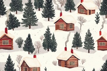 Fototapeta premium cozy winter cabin pattern featuring rustic log homes with smoking chimneys nestled among snow-dusted pine trees, rendered in charming folk art style with rich holiday reds and forest greens