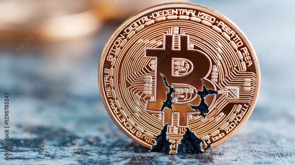 Poster bitcoin crash, crypto price drop sell-off. bitcoin coin with a cracked surface on a textured backgro