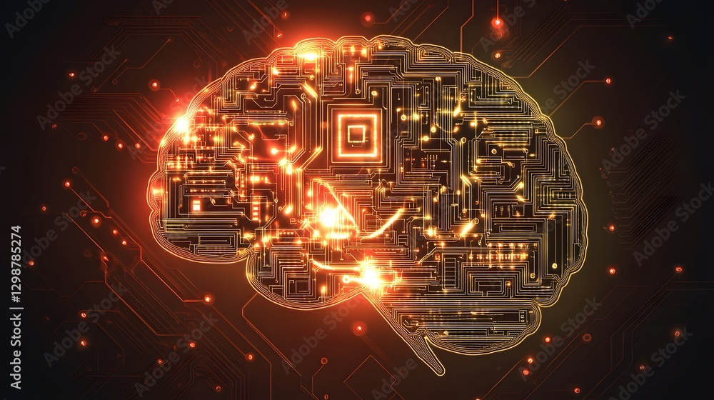 Poster glowing digital brain is constructed from complex circuitry lines