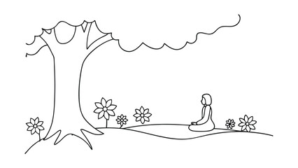 Line drawing of a person meditating under a large tree in a serene natural setting with flowers. Simple, peaceful, and contemplative scene.