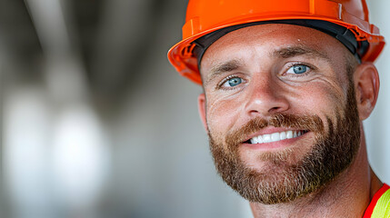 Smiling construction worker, site portrait, industry background, safety helmet