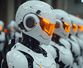 Fototapeta premium A sleek digital illustration of white robots in a sci-fi setting, on a dark background. Bold, innovative, ideal for tech decor or prints. 