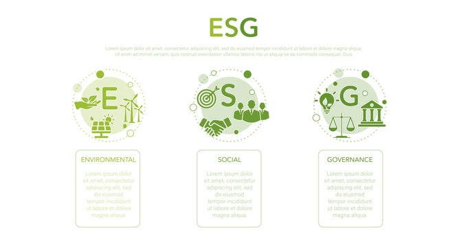ESG - Environment, Society and Governance ESG concepts on environmental, social and corporate sustainability performance management for investment screening. Green icon on green circles background.