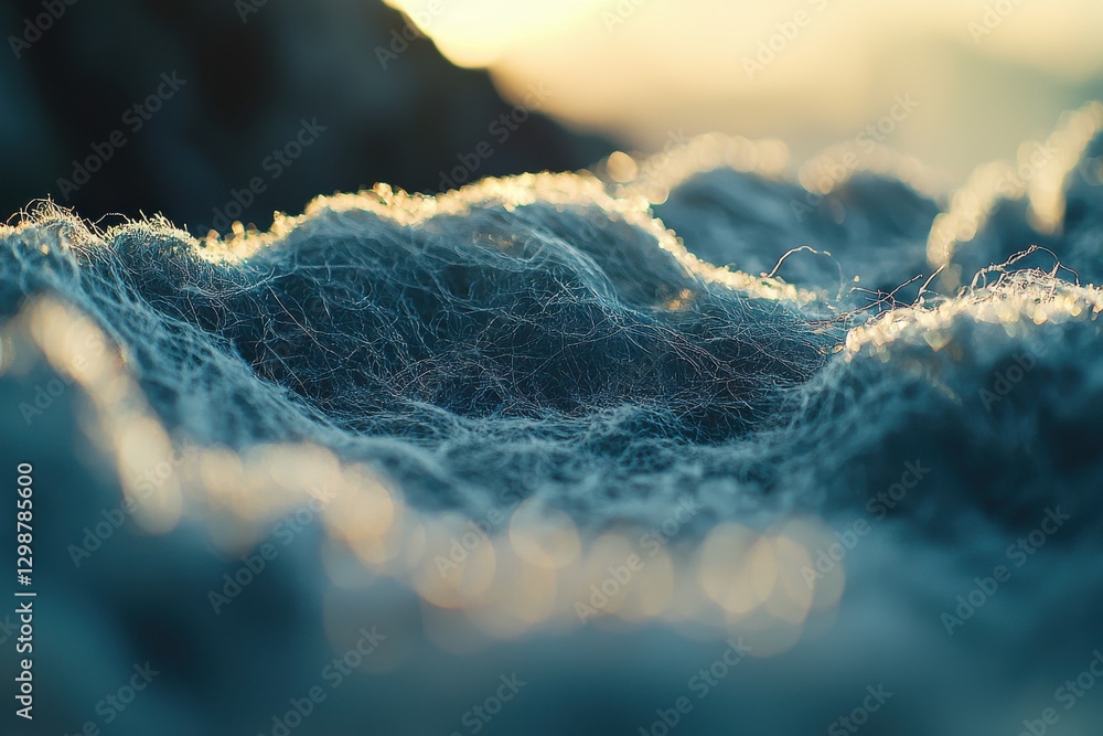 Poster abstract macro shot of intertwined blue threads illuminated by golden light creating a textured, sur