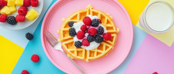 A Waffle Topped with Whipped Cream, Raspberries, and Blackberries