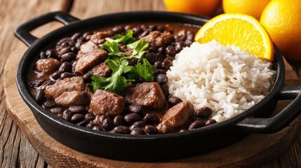 Hearty brazilian feijoada with black beans, pork, and rice garnished with orange slices