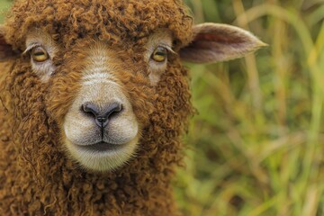 Obraz premium A captivating close-up of a brown sheep's face, showcasing its unique curly wool texture and striking yellow eyes in a natural grassy setting with soft focus.