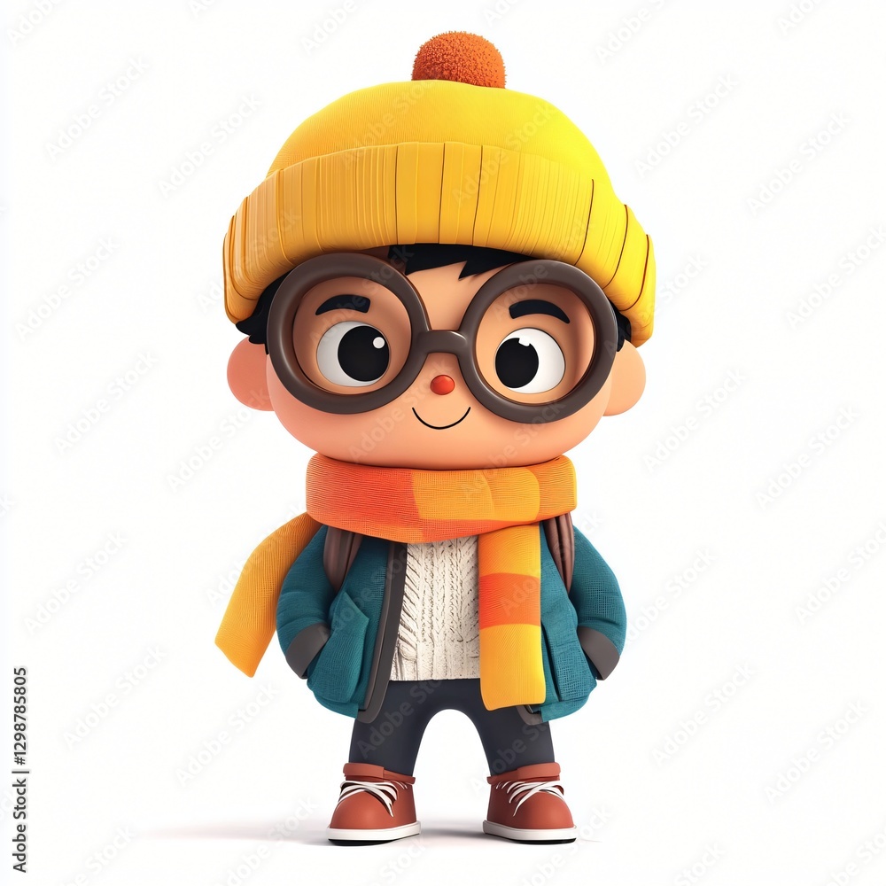 Poster whimsical cartoon character wearing a scarf and a cute bean hat perfect for adding fun and imaginati