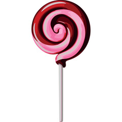 A glossy lollipop swirled with deep cherry red and soft pink, with a white stick