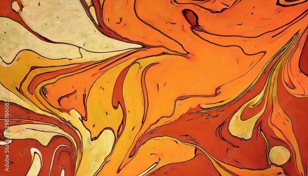 Poster abstract fiery swirl with bold black strokes, dynamic orange and red fluid motion, expressive digita