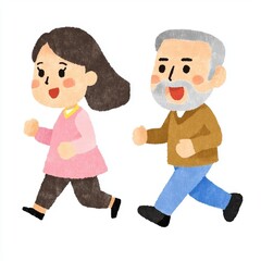 A cheerful illustration of a woman and an older man jogging together, promoting fitness and companionship.