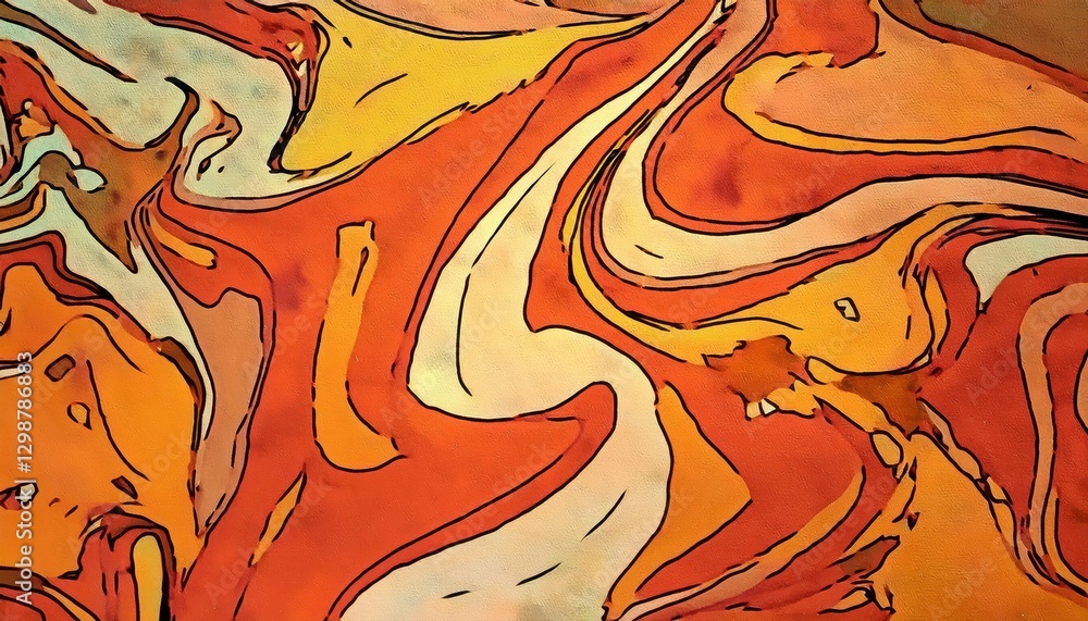Poster abstract fiery swirl with bold black strokes, dynamic orange and red fluid motion, expressive digita