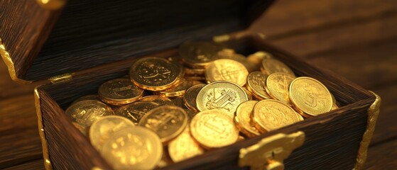 Open Wooden Chest Filled with Shiny Gold Coins