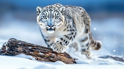 Obraz premium Majestic Snow Leopard Stepping Gracefully Across Snowy Landscape