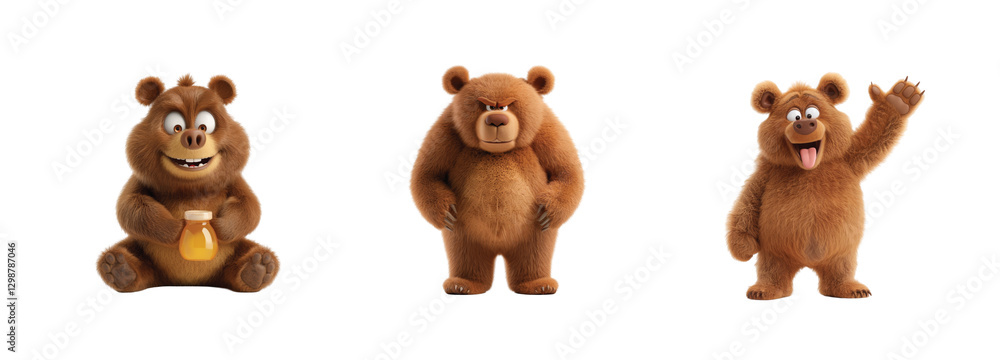 Poster three different cartoon bears expressing various emotions with playful gestures and props