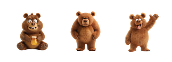 Three different cartoon bears expressing various emotions with playful gestures and props