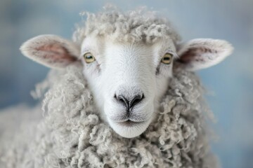 Fototapeta premium An endearing close-up portrait of a sheep, highlighting its unique wool texture, gentle facial features, and soft, muted color palette against a serene background, artistic rendering.