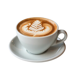 Delicious cappuccino with intricate latte art design, isolated on transparent background.