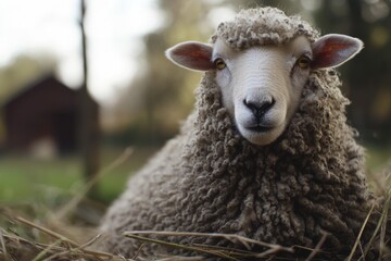Fototapeta premium A serene portrait of a sheep resting on straw in a field with a blurred background, highlighting its woolly texture and gentle face in a countryside setting.