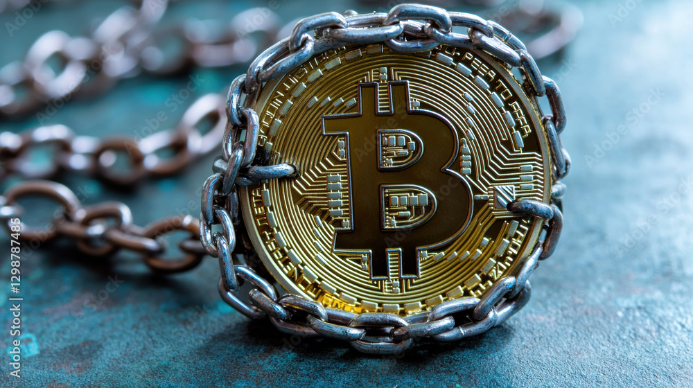 Poster bitcoin crash, crypto price drop sell-off. a bitcoin coin secured with a metal chain on a textured s
