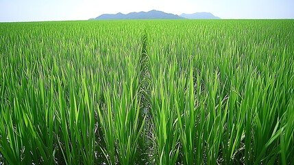 Obraz premium Tranquil Green Field of Rice Plants Cultivation With Mountain Backdrop Under Blue Sky Natural Scenery