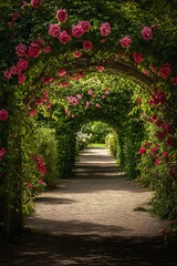 Fototapeta premium Serene Garden Archway Covered with Climbing Roses in Full Bloom