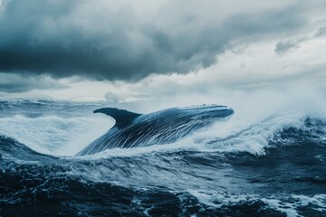 Fototapeta premium Whale breaching amid stormy waves a dramatic wildlife photography perspective