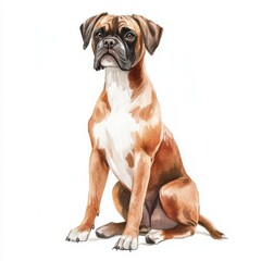 Fototapeta premium Boxer dog sitting elegantly with focused expression in a simple artistic style against a clean white background
