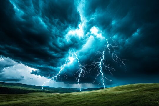 A dramatic storm rolling over a hilly landscape, with dark clouds and streaks of lightning