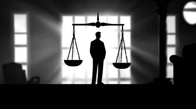 Silhouette of man facing justice scales in courtroom