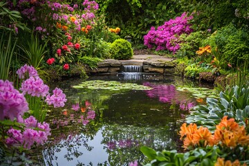 Serene Garden Pond Surrounded by Blooming Azaleas in Full Color