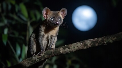 Asian Palm Civet perched on a tree branch at night its large eyes glowing in the darkness a full moon casting a soft light over the jungle
