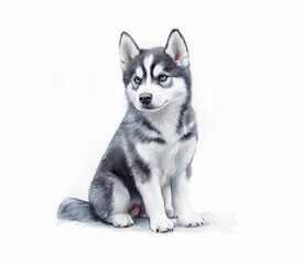 Fototapeta premium Cute Siberian husky puppy sitting with bright blue eyes in a playful and inviting posture