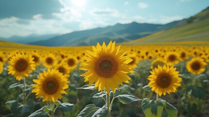 Fototapeta premium Sunflowers blooming in field under sunny sky with mountains in the distance