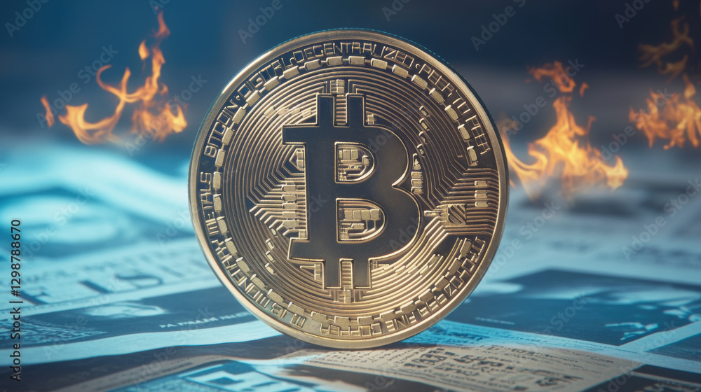 Poster bitcoin crash, crypto price drop sell-off. golden bitcoin surrounded by flames on a backdrop of curr
