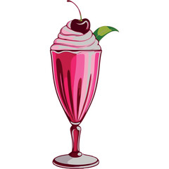 A pink milkshake in a tall glass with whipped cream and a deep red cherry on top